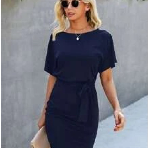 Shein Batwing Sleeve Belted Fitted Dress - Picture 4 of 7